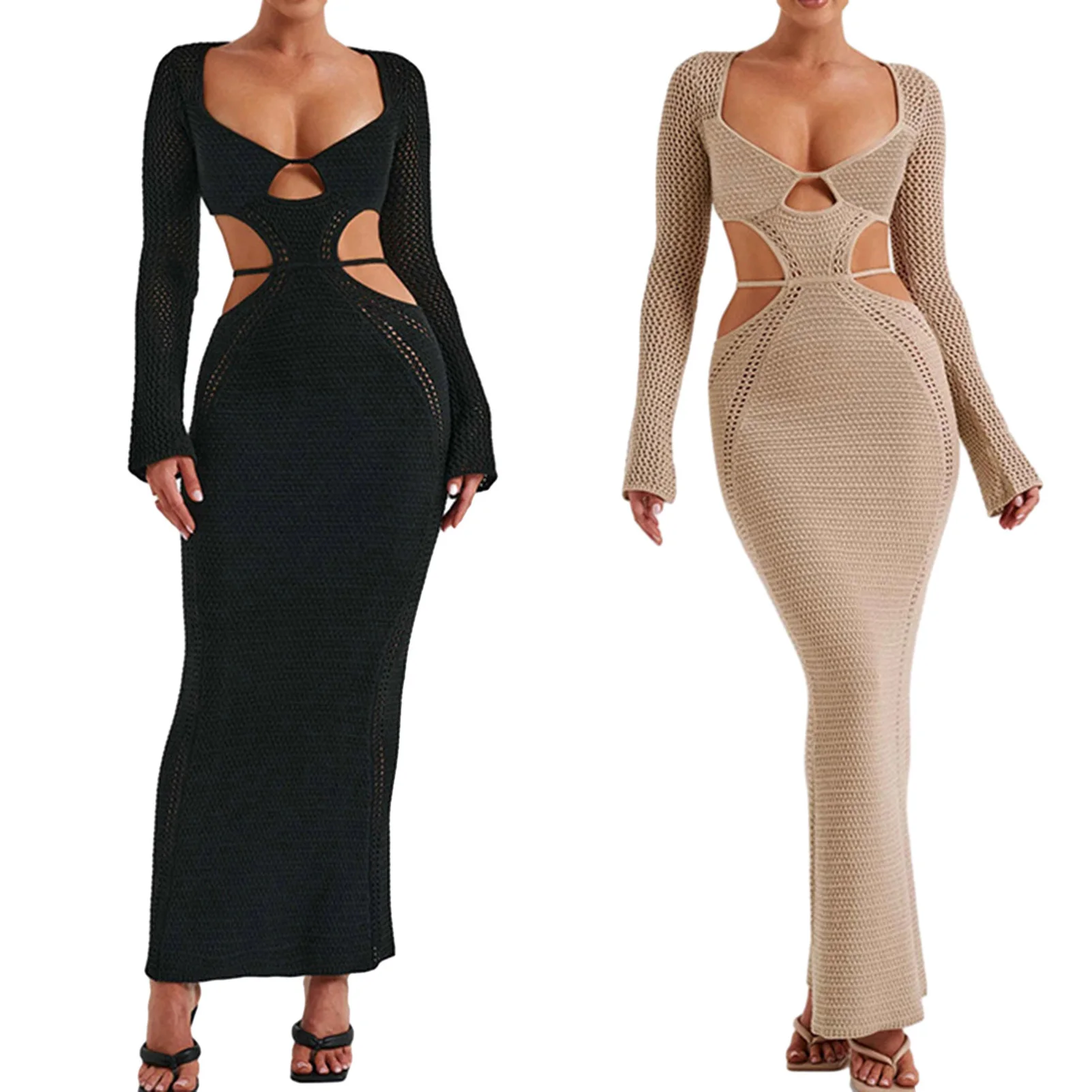 

Women Hollow Crochet Dress Elegant Sexy Backless Dress Slim Fit Knitted Sheer Dress Skinny Pullover Dress Cocktail Party Dress