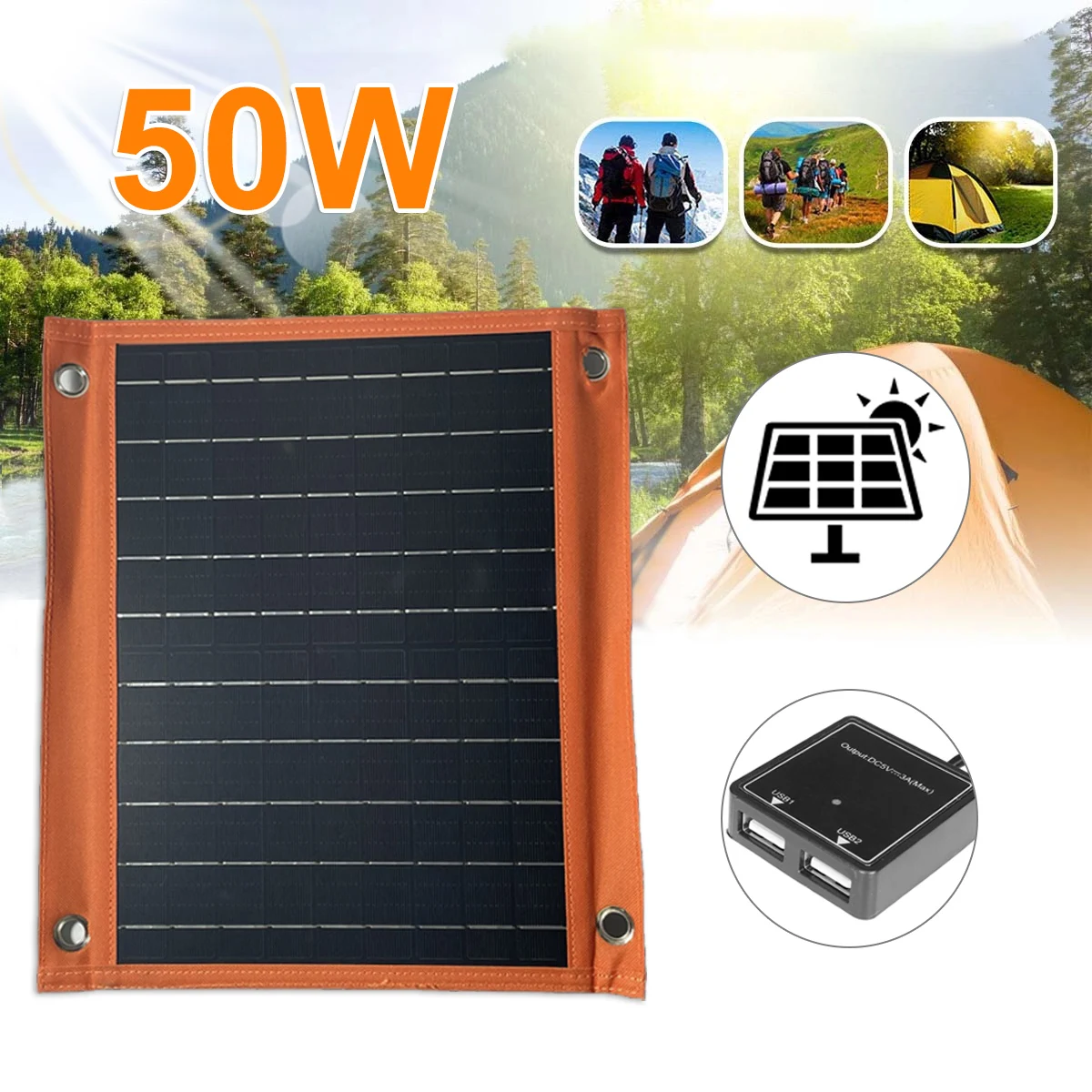 

Foldable 50W Double USB Solar Panel Outdoor Waterproof Solar Bank Charge Mobile Sunpower Cell Battery Charger for Camping Hiking