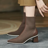 Chunky Heel Women's  Sock Boots Vintage Stretch Knit Ankle Boots Fall Elegant Office Banquet Red Carpet  Shoes Tacones Mujer