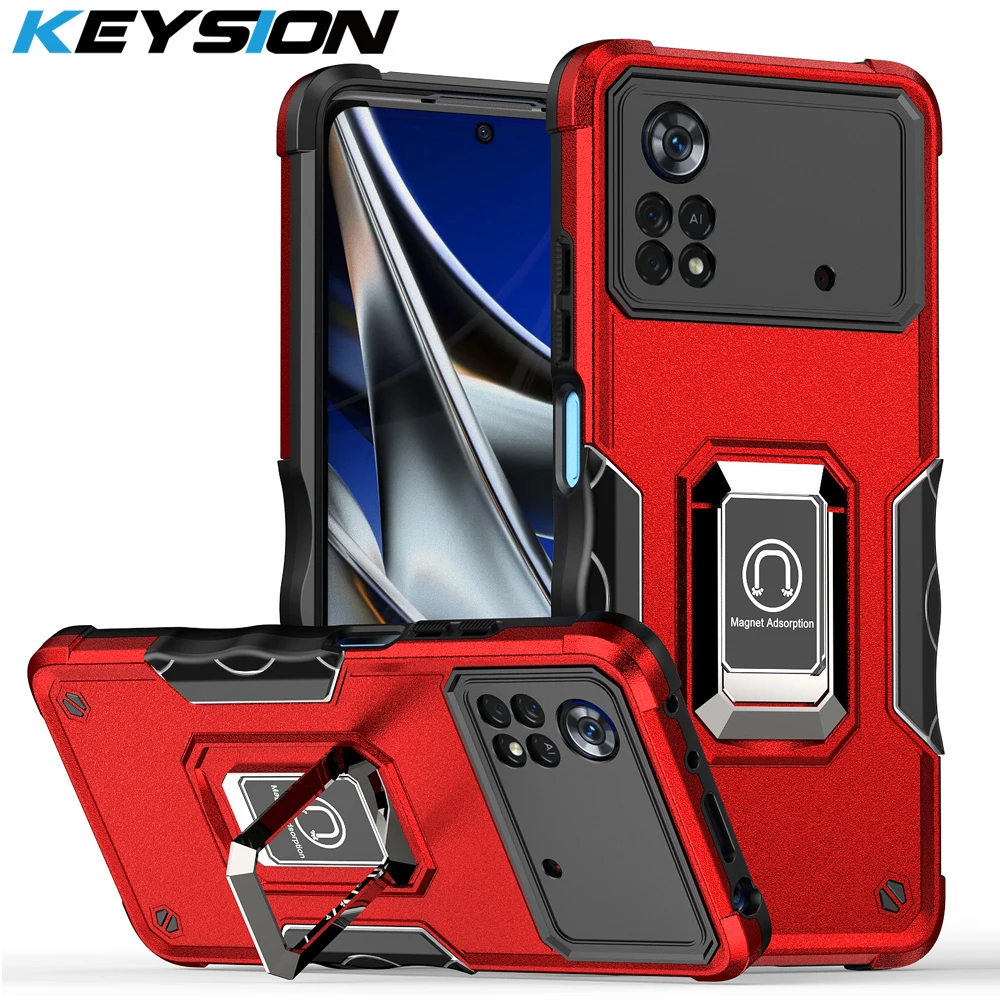 

KEYSION Shockproof Armor Case for POCO X4 Pro 5G X3 NFC Silicone+PC Metal Ring Stand Phone Back Cover for Xiaomi POCO M4 Pro 4G