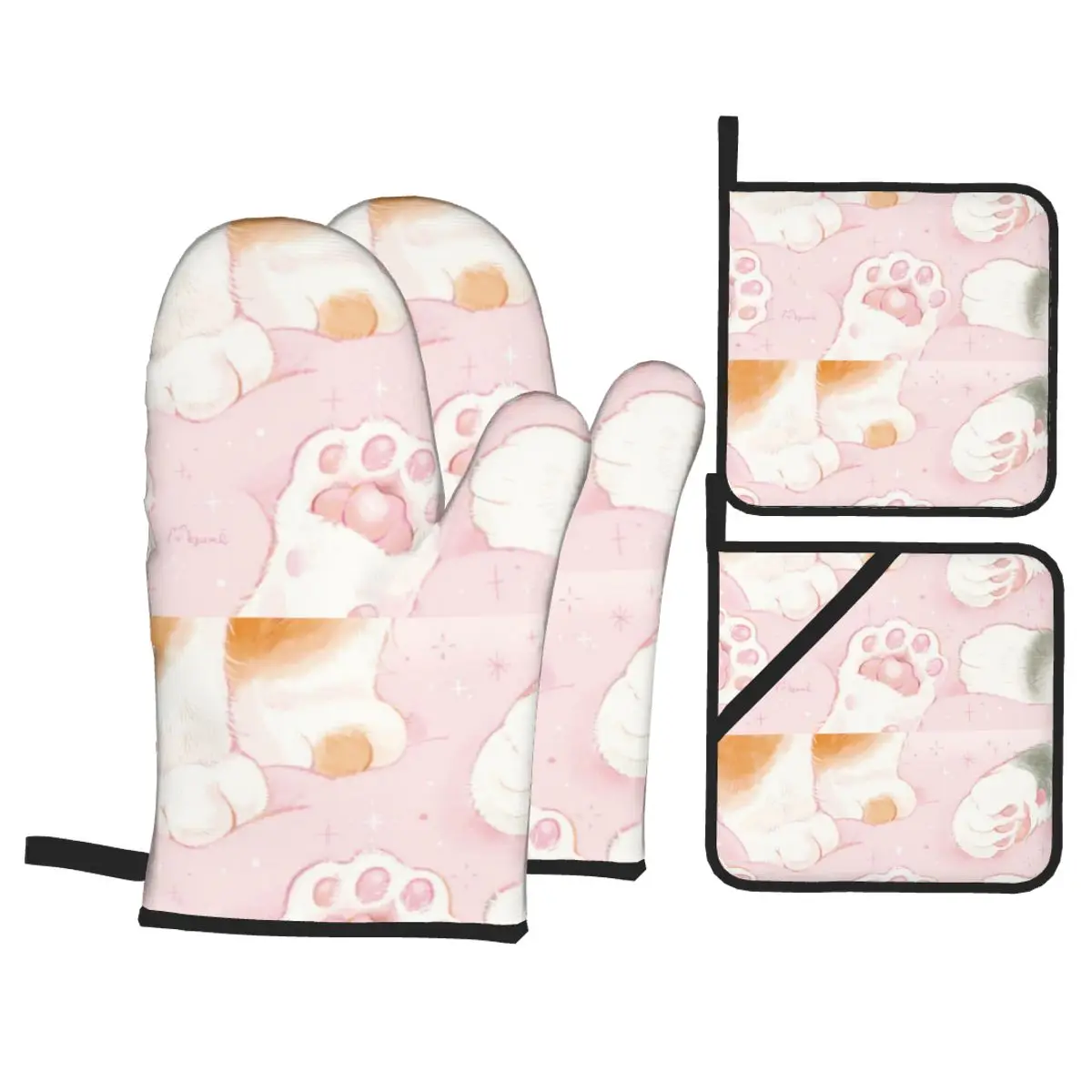 

4 Pieces Polyester Kitchen Cooking Microwave Gloves Cat Paw Pink Baking BBQ Potholders Oven Mitts