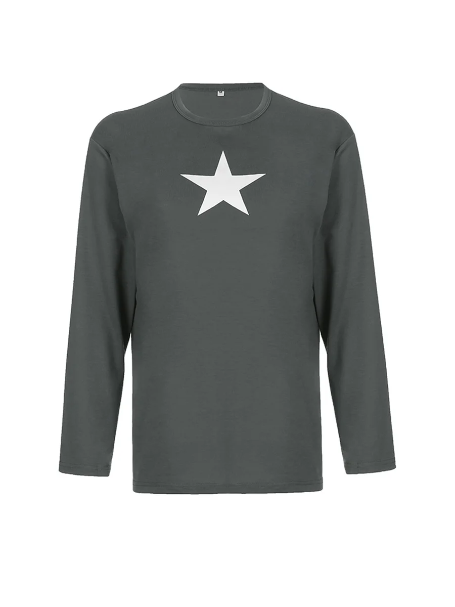 

Women Casual Star Print T-shirt Long Sleeve Round Neck Loose Pullover Top Spring Autumn Clothing Y2k Harajuku Streetwear