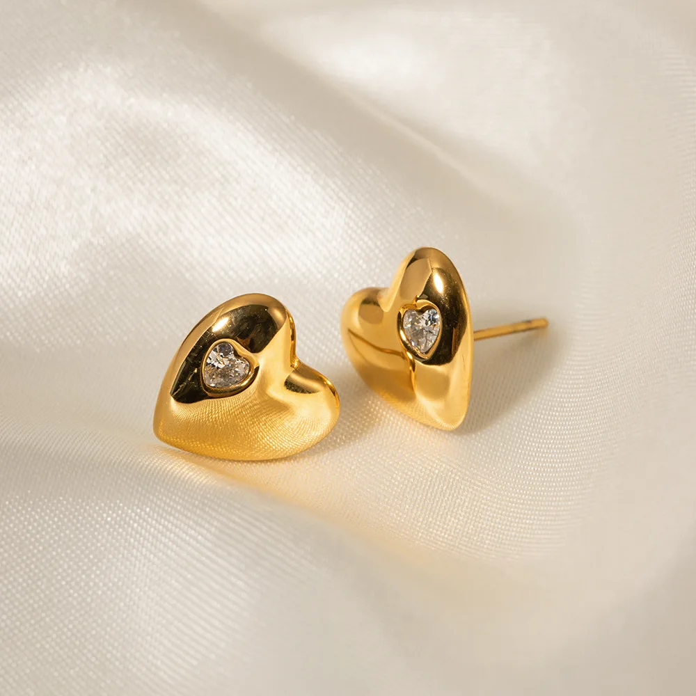 Stainless Steel PVD 18K Gold Plated Tarnish Rhinestoned Heart Stud Earrings  For Woman Jewelry Wholesale 2023 Trendy