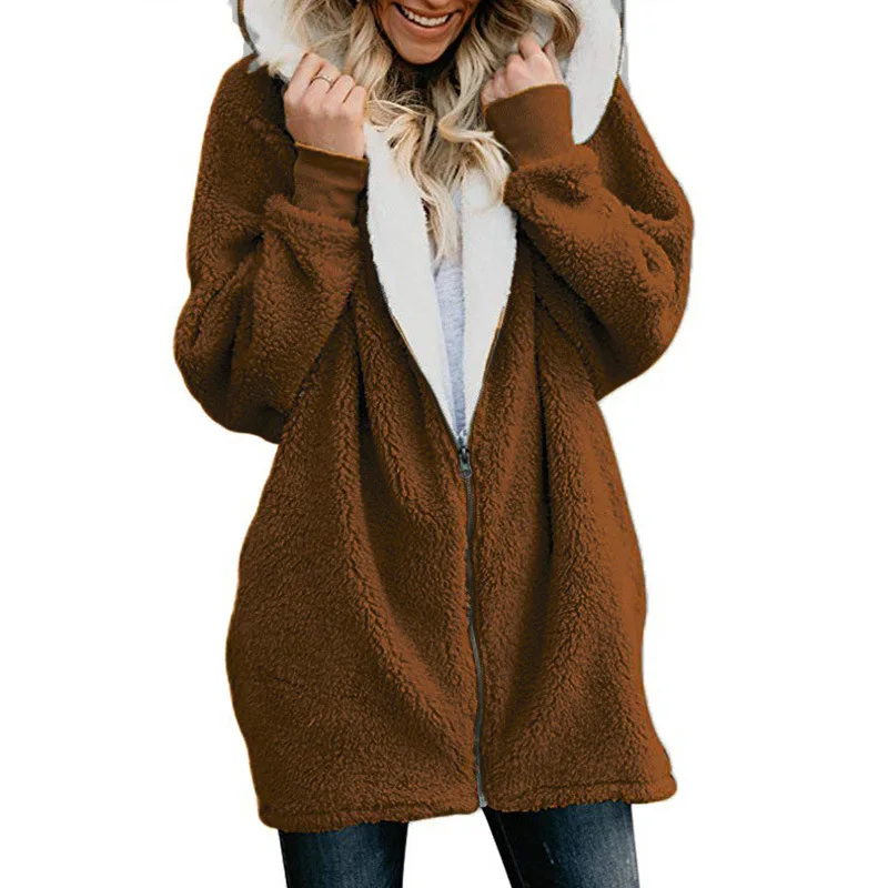 

Новинка, Женское зимнее флисовое пальто с капюшоном, повседневные длинные пальто с карманами, уличное свободное пушистое пальто на молнии с капюшоном, куртка
