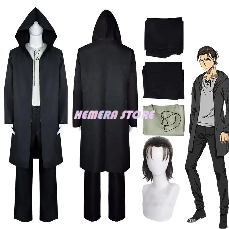 

Eren Jaeger Season 4 Cosplay Costume Anime Attack on Titan Eren Cosplay Black Hooded Trench T-shirt Pants Halloween Clothes