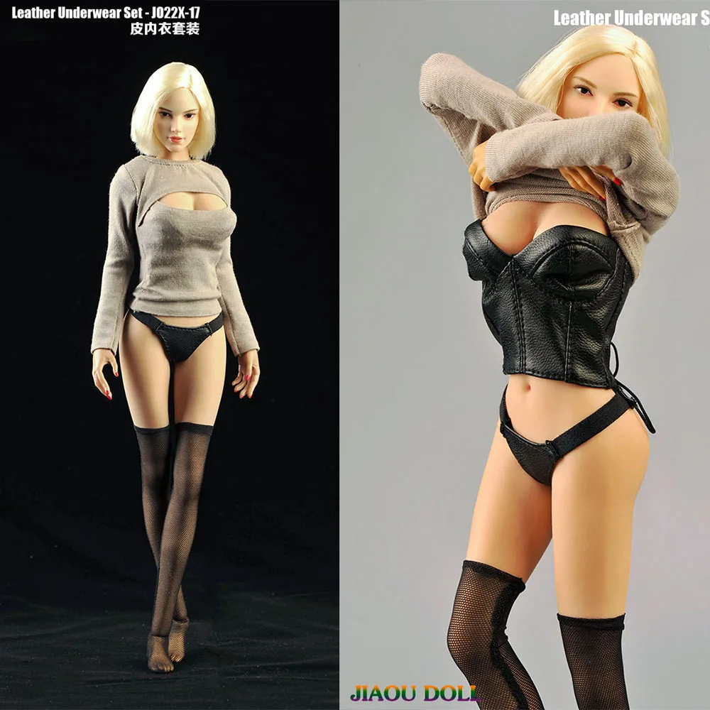 

1/6 Women's Open Chest T-shirt With Leather Underwear Set for 12" Female Action Figures Large Medium Breast Body