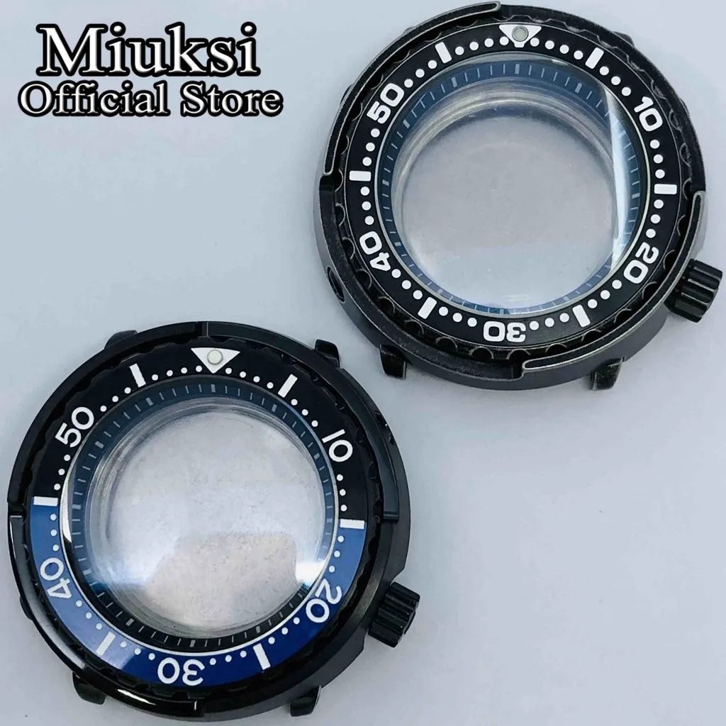 

Miuksi 46mm tuna black watch case double sapphire glass ceramic bezel black chapter ring 200m waterproof fit NH35 NH36 movement