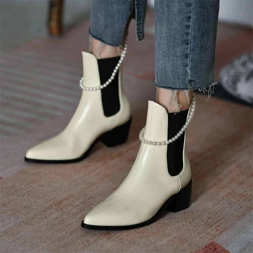 Ankle boots female shoes women single boots spring and autumn pointed middle thick heel pearl winter Chelsea boots