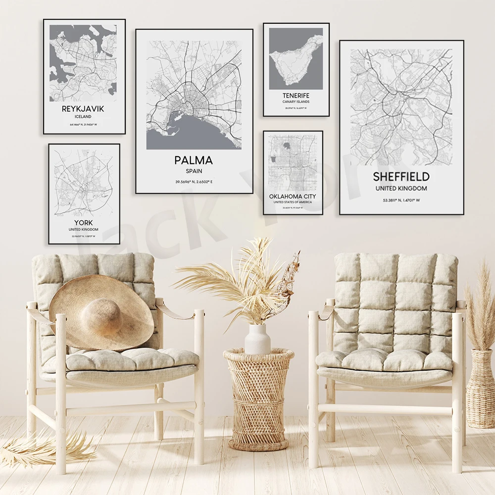 

Krakow ，Oklahoma，Tenerife，Perth，Palma，Galway，Sheffield，Seville，Limerick，Reykjavík，York，Halifax Map Print Poster