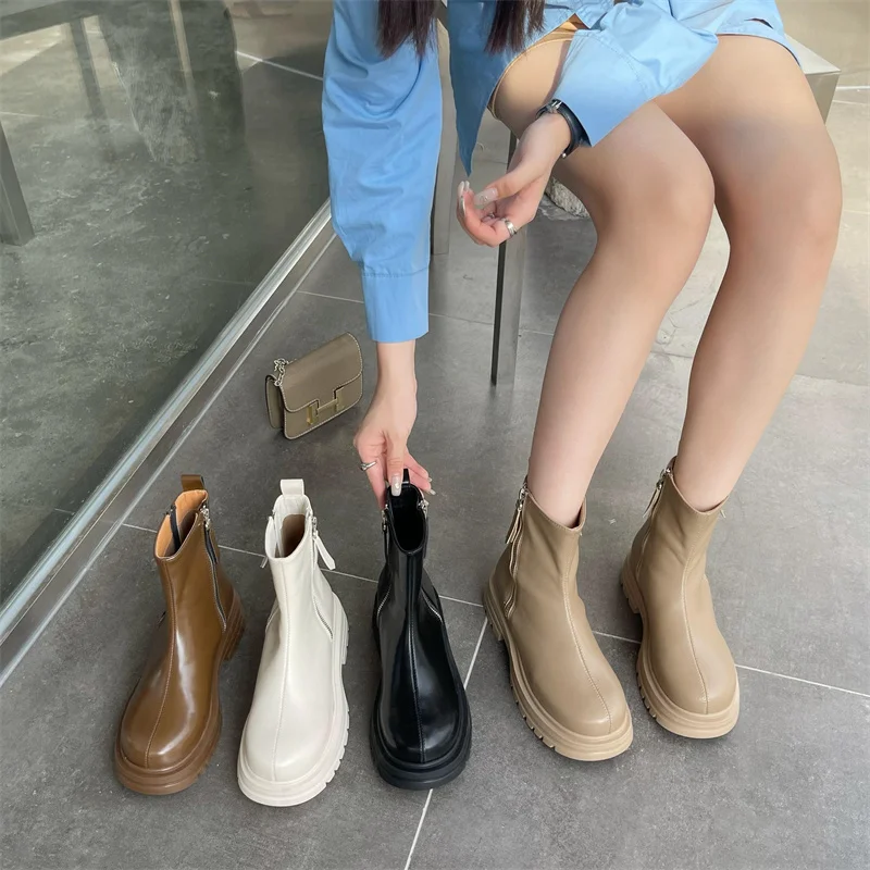 

2022 Ankle Boots Autumn and Winter Round Toe Full with Short Boots Leather Square High Heel Simple Chelsea Boots Zipper Students
