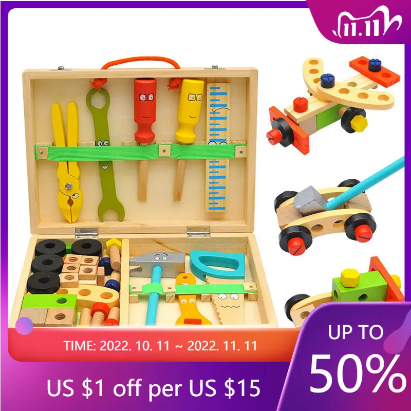 

34pcs/1set Tool Toys Carpenter Kid Wooden Toolbox Pretend Play Educational Montessori Toys Nut Disassembly Screw Assembly Repair