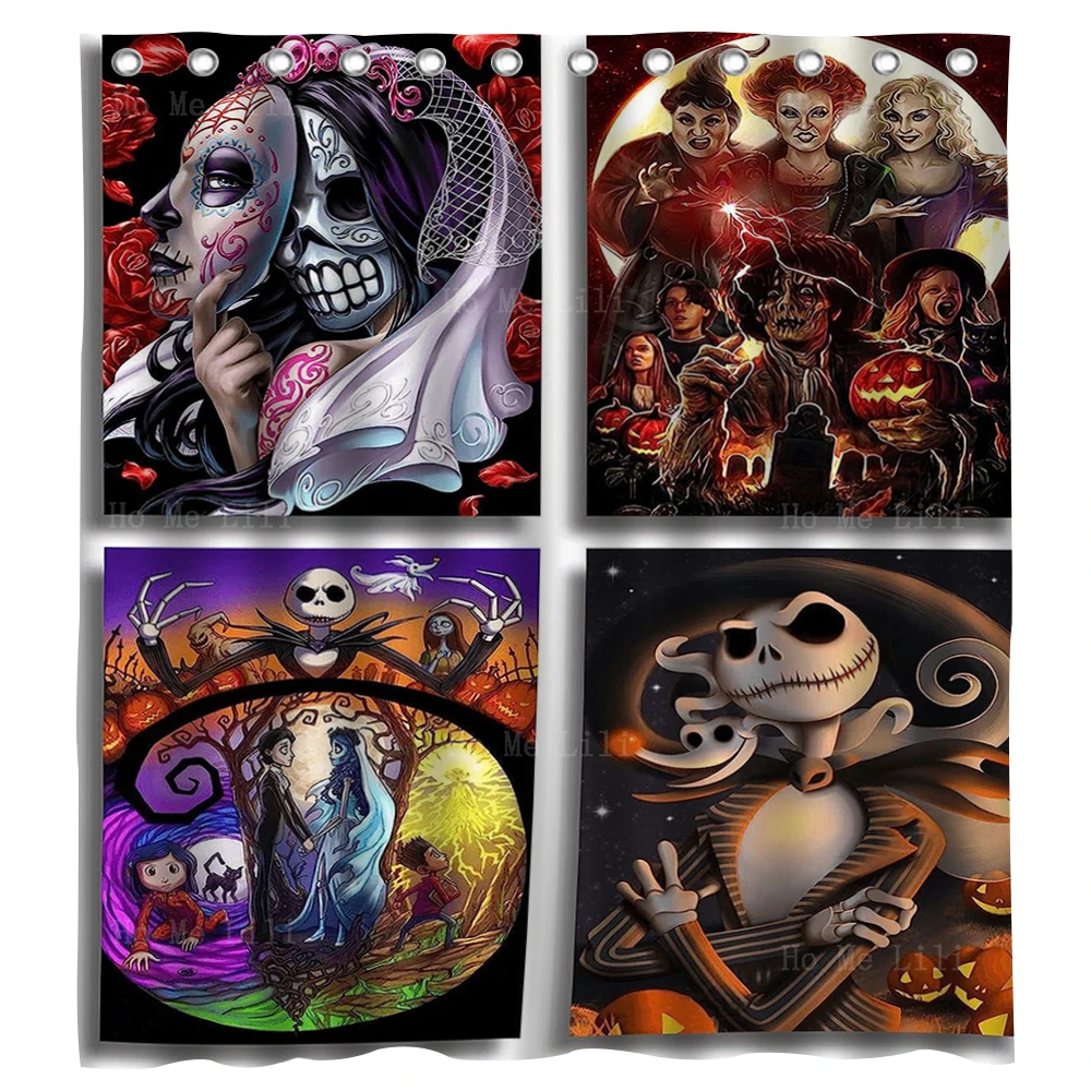 

Scary Halloween Graphic Cartoon Skeleton Skull Bride Gentleman Demon Bathroom Decoration Shower Curtain