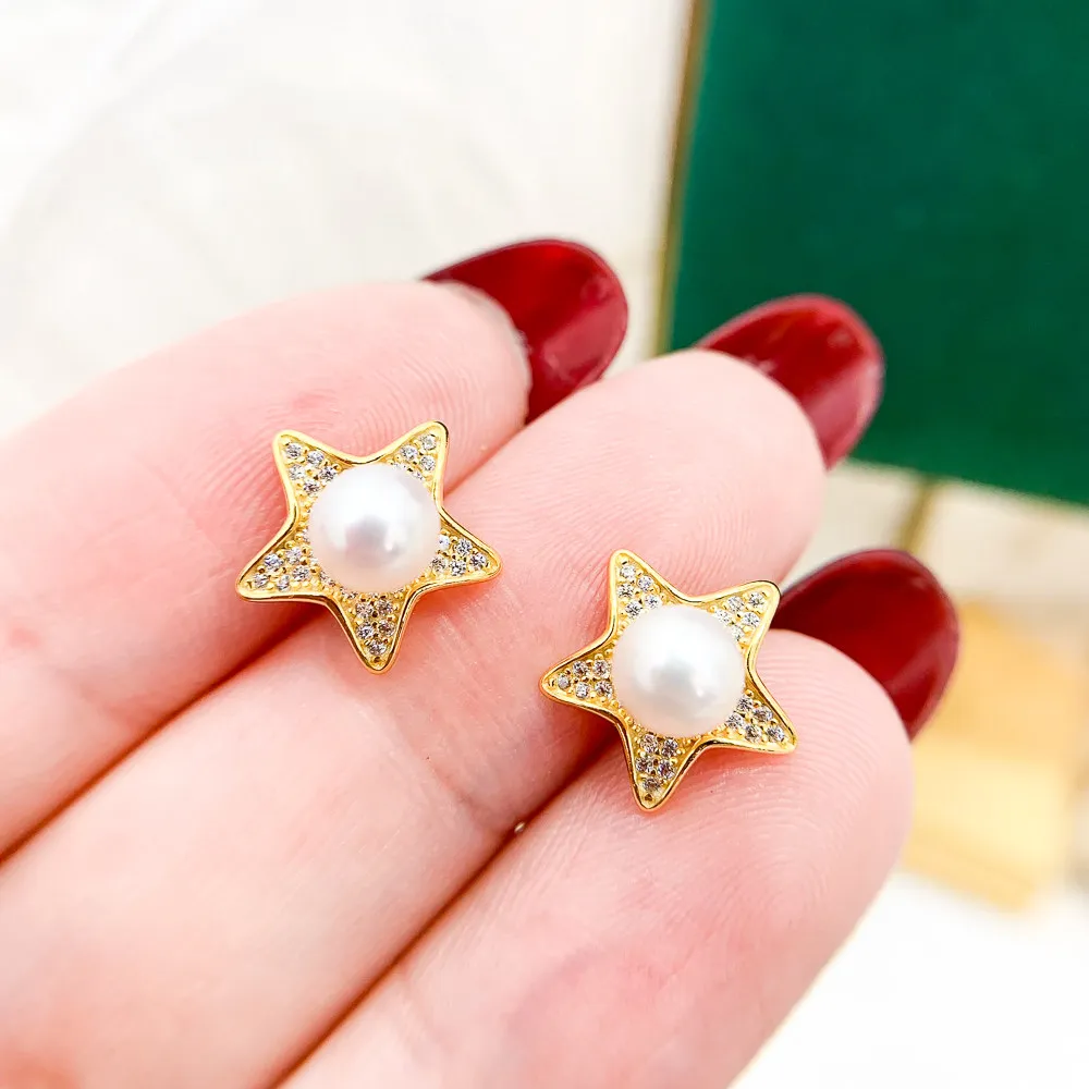 

DIY pearl earring accessories S925 sterling silver jewelry small starfish earrings female empty holder Fit 5-6mm beads