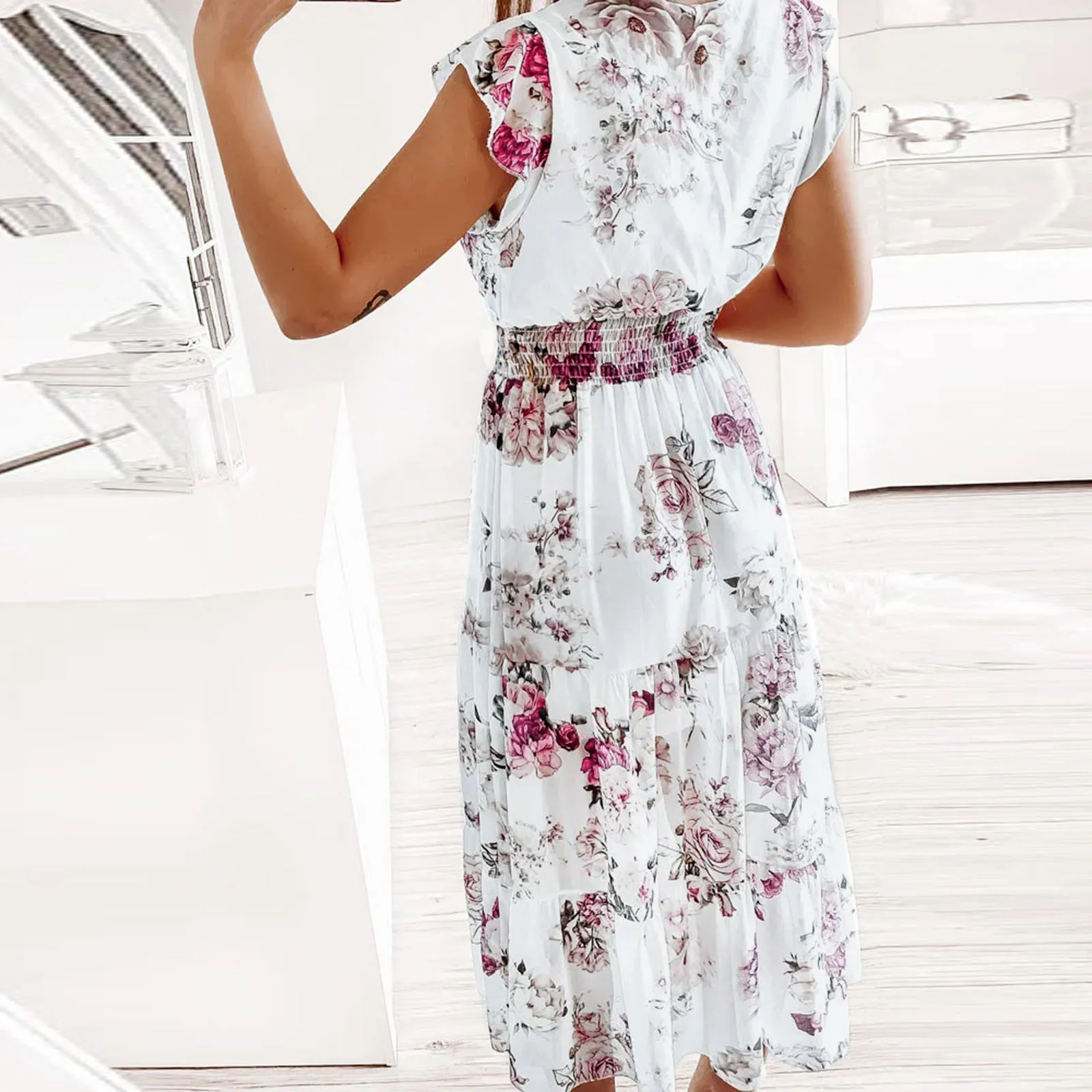 

Women Summer Floral Boho Elastic High Waist V Neck Long Dress Ritual Dress for Women Womens Casual Dresses Spring