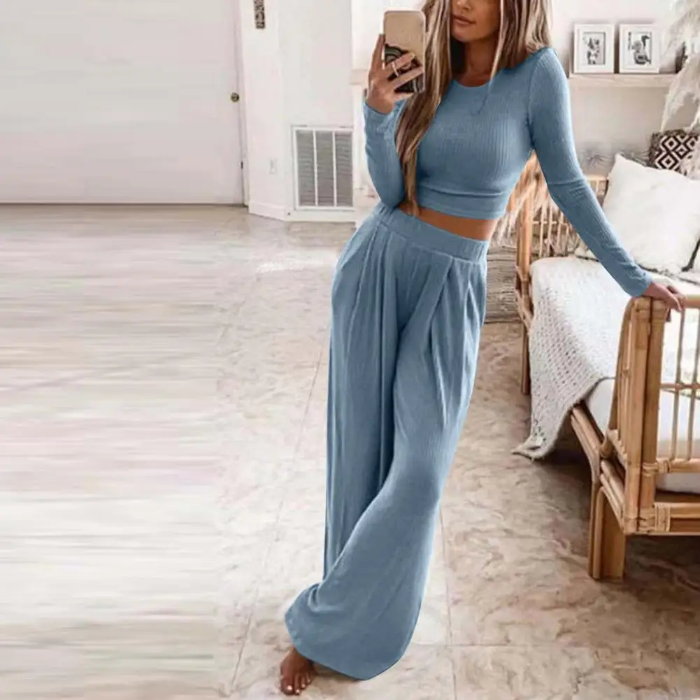 

2022 Women Pajama Casual O-Neck Tops Wide Leg Pants Suits Spring Solid Two Piece Female Pajamas Elegant Rib Knitted Homewear