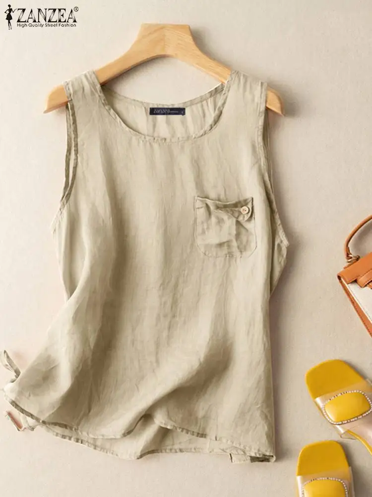 

Модные летние майки ZANZEA, женская блузка без рукавов, однотонная пляжная Праздничная рубашка, Женская Повседневная хлопковая блузка большог...