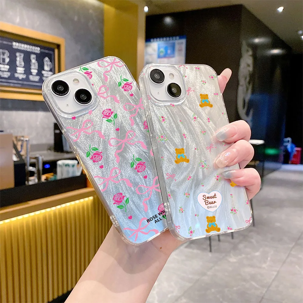 Цветочный Медведь Сердце Лазерное перо пряжа чехол для телефона iPhone 11 12 13 14 15 16 Pro