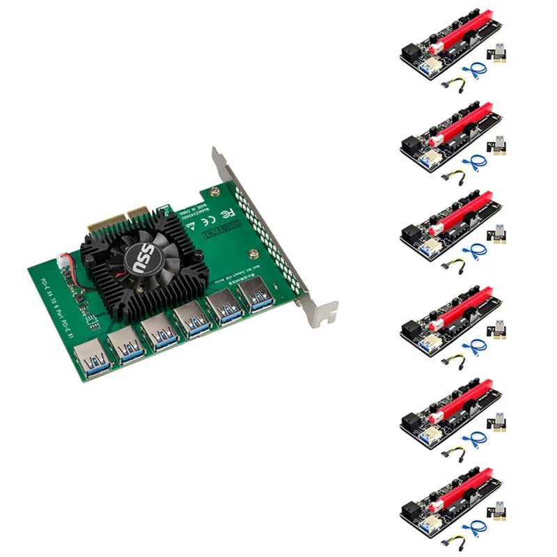 

6 шт., PCI-E Express от 4X до 16X, адаптер Райзера, PCIE от 1 до 6, 4 слота, Pcie множитель карты для майнинга биткоинов BTC
