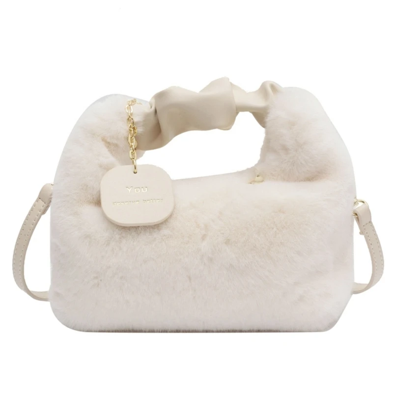 

Women Furry Crossbody Bag PU Handle Pleated Handbag for Ladies Fluffy Shoulder Bags Purse Tote for Autumn and Winter