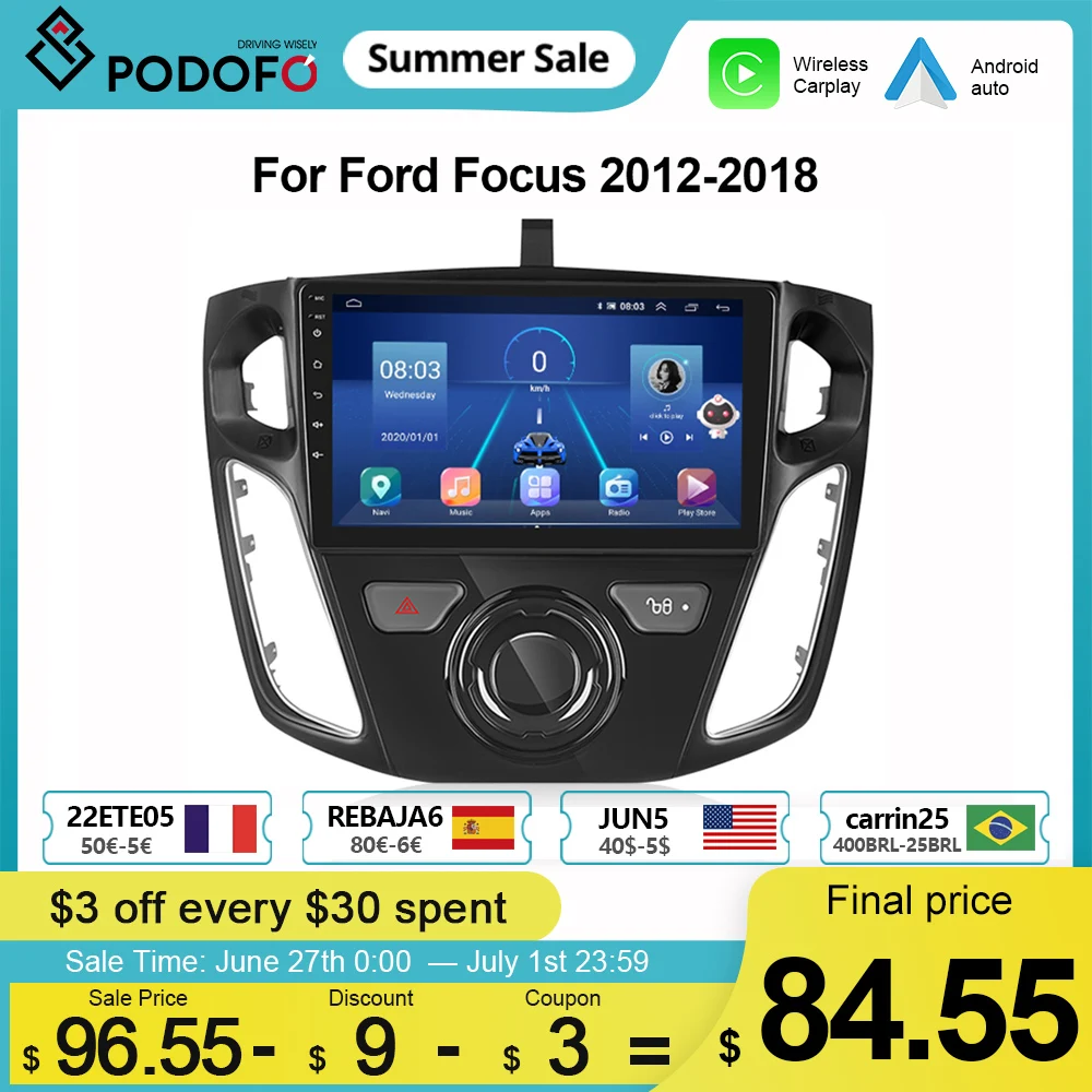 

Автомагнитола Podofo для Ford Focus 2012-2018, мультимедийный проигрыватель на Android, с экраном 9 ", 4G, DSP, типоразмер 2 Din