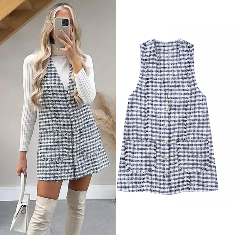 

New Autumn Dress 2022 Fashion Elegant Women Dress Slim Plaid Cardigan V-neck Mix Match Youth Dress Female Street Chic Dresss