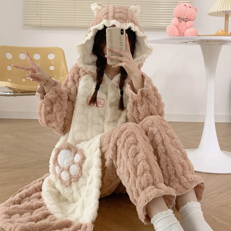 FUNISHI Winter Pajamas Flannel Nightdress Hooded Loose Version Inspissate Plush XXL пижама женская Women's pajamas Pajama Set