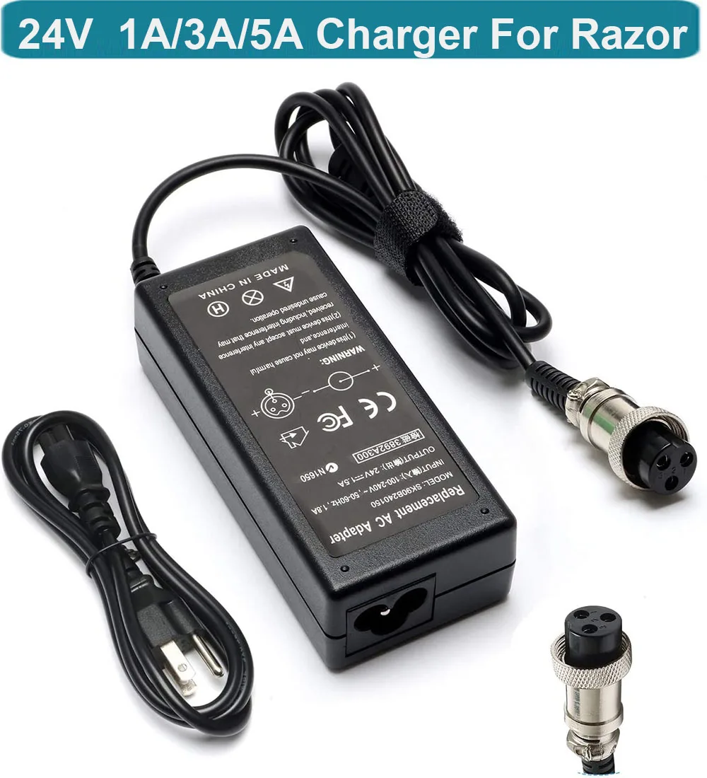 24V 3A 5A Scooter Battery Charger Power for Razor E100 E200 