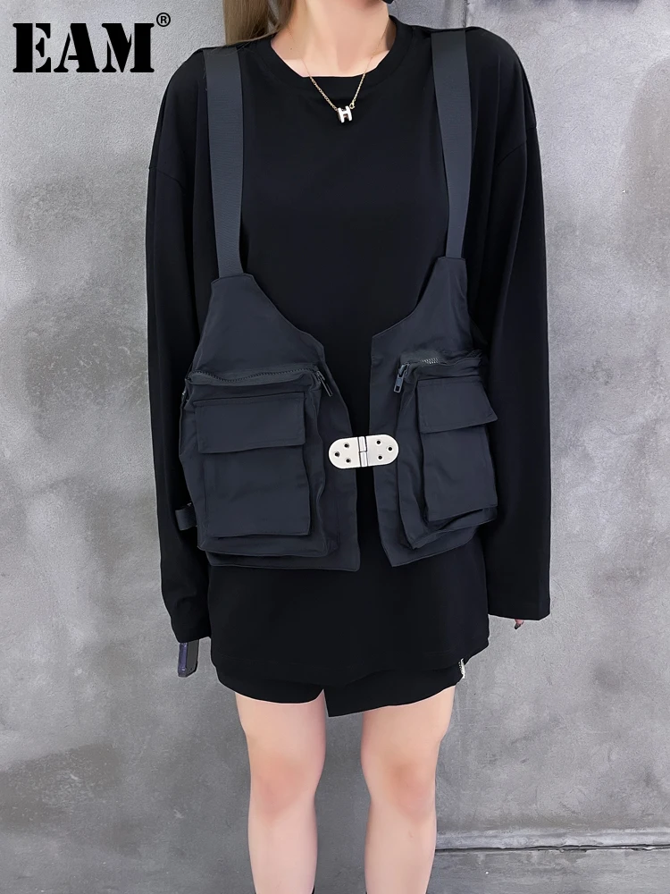 

[EAM] Women White Color-block Big Size Casual T-shirt New Round Neck Long Sleeve Fashion Tide Spring Autumn 2022 1DE7228