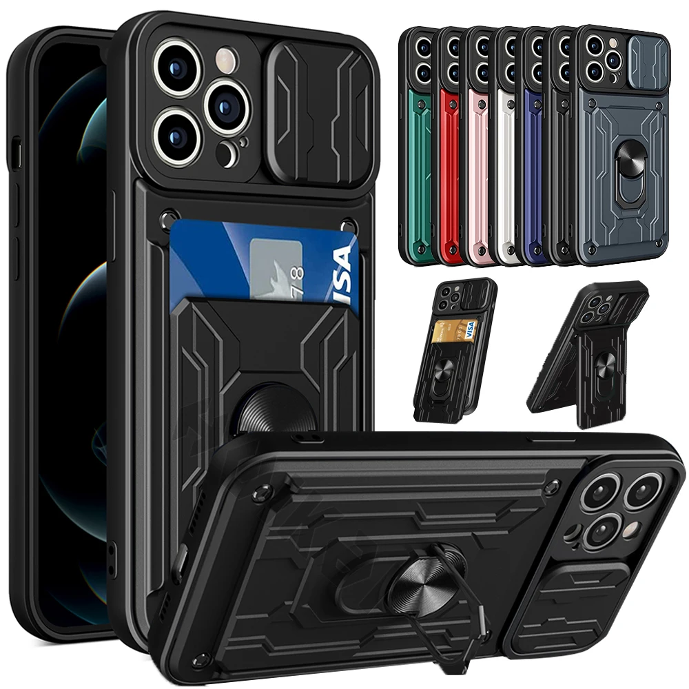

For IPhone 13 12 11 Pro Max Case Slide Stand Kickstand Ring Camera Military Grade Card Slot SE 2020 XR XS Max X XS 8 Plus Cover