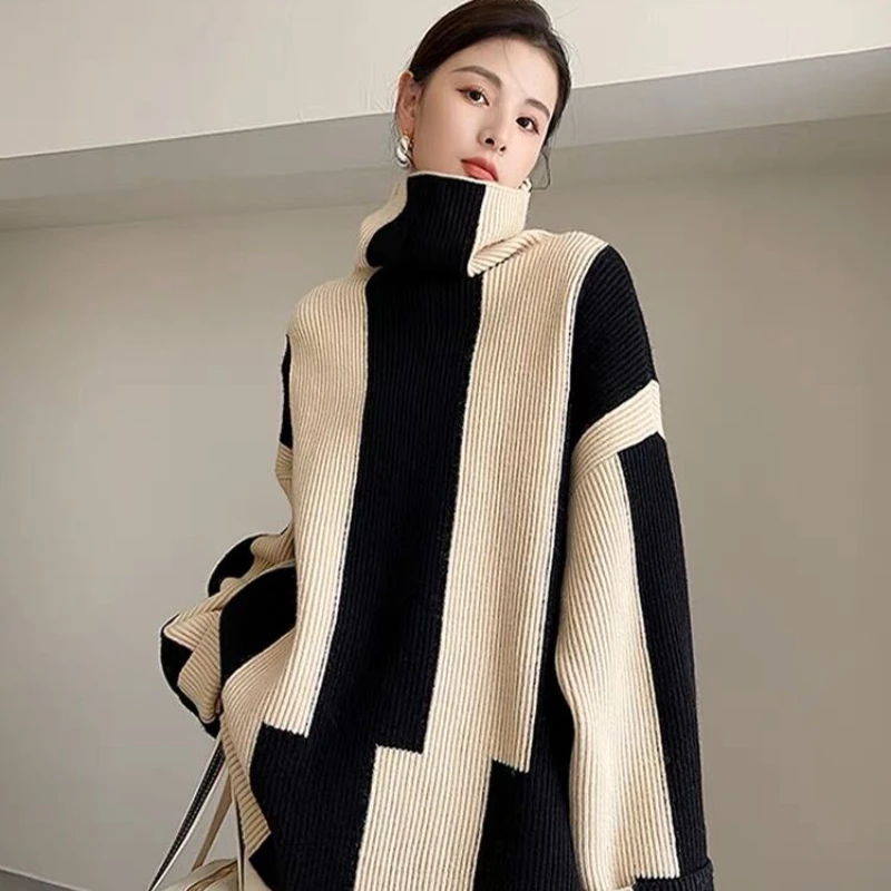 

Knitted Black White Sweaters for Women Winter 2022 Cashmere New In Pullover Fashion Long Sleeve Loose Korean Turtleneck Jumpers