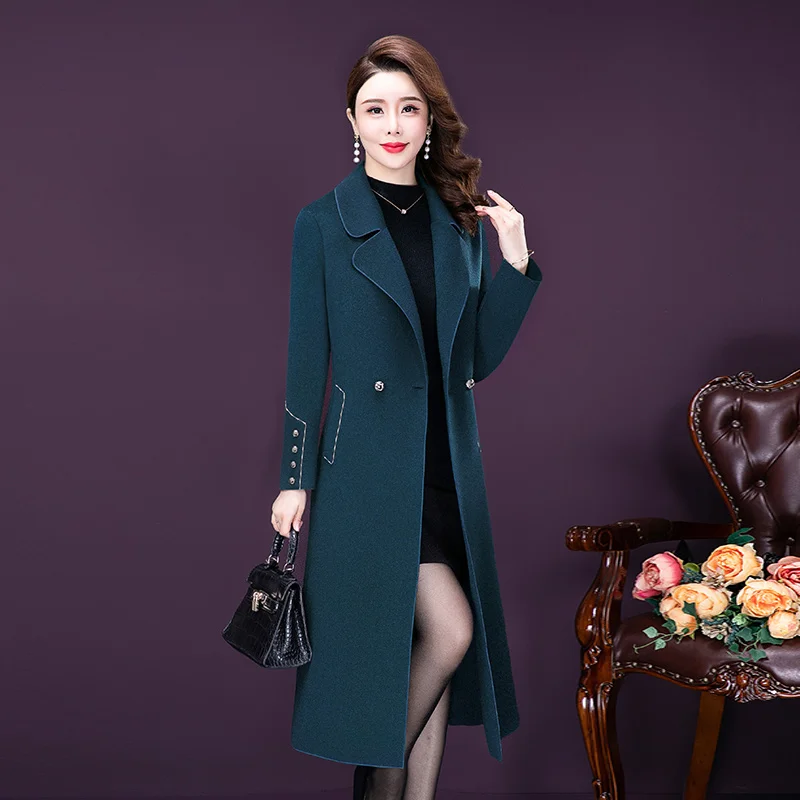 

L-5XL New Women Double-faced Wool Blends Coat Winter 2024 Fashion Mother Suit Collar Long Jacket Warm Slim Tops Outerwear Female