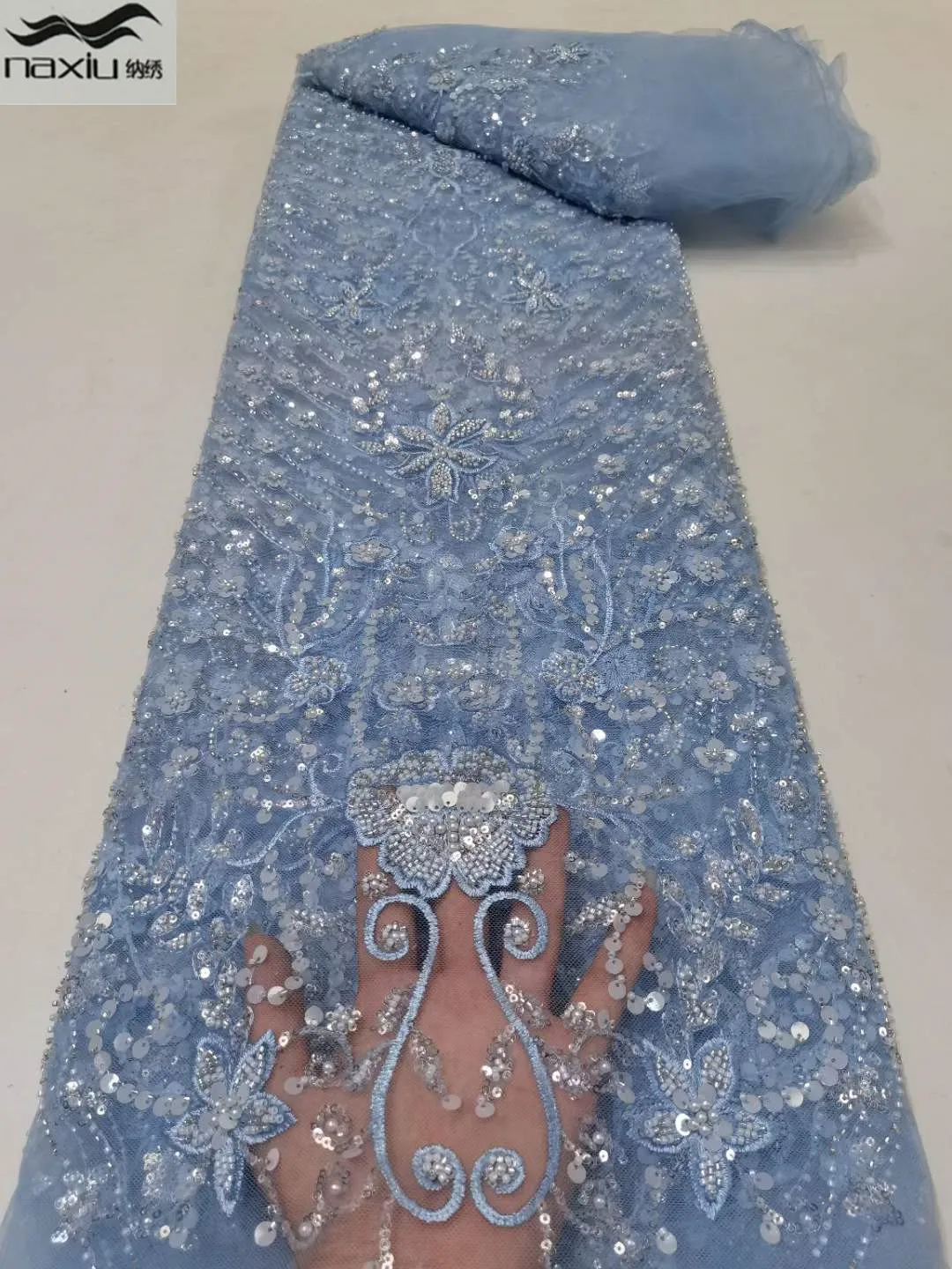 

Madison Beautiful African beaded Lace Fabric 2022 High Quality Lace Material Nigerian French Sequins Lace Fabrics For Wedding