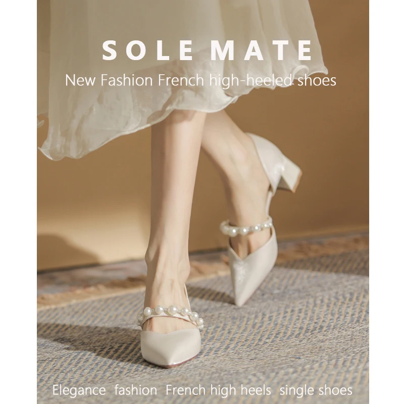 SOLEMATE Women's Leather Pearl Pointed Toe Flat Shoes Stylish Satin Mid Chunky Mary Jane Sandals, Essential High Heels for Women