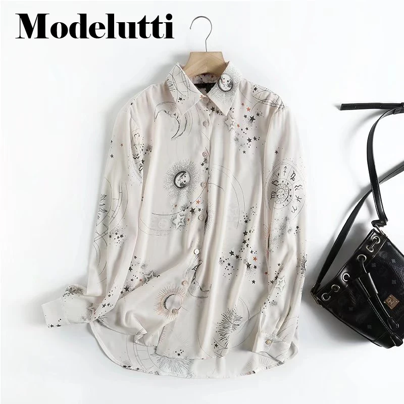

Modelutti 2023 Spring Autumn Fashion Long Sleeve Sun Constellation Print Design Shirt Simple Casual Loose Blouse Top Women
