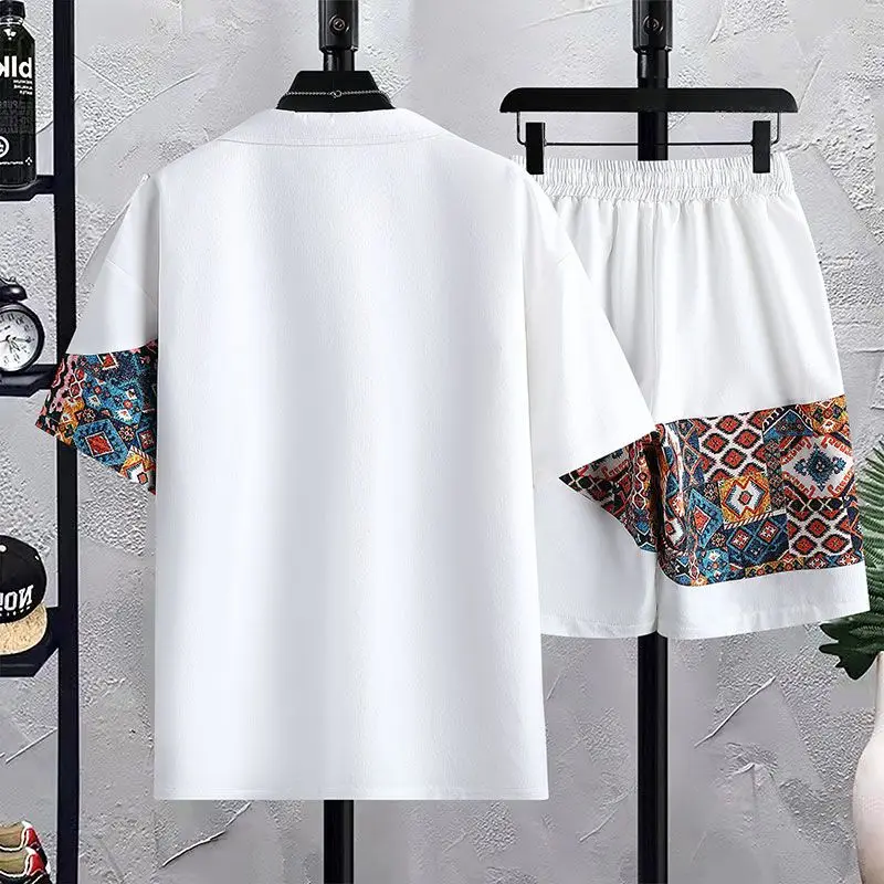 High-Quality Summer Men's Short Sleeve Shirt Shorts Suit Fashion Stitching Print 2023 New Trend Clothes