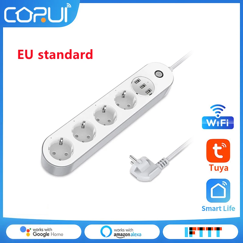 

CoRui Wifi Smart Power Strip 4 EU Outlets Plug With 3 USB Charging Port Timing App Voice Remote Control With Alexa Google Home