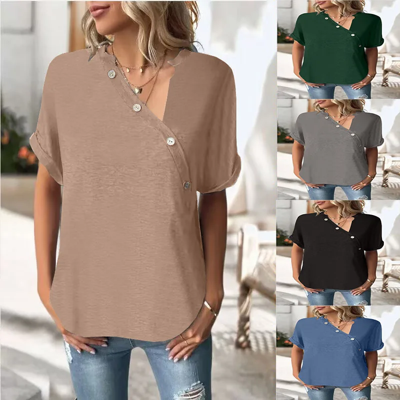 

2023 Spring/Summer New Solid Twist Button Fashion Short Sleeve Women European and American Top Sexy Button Top clothes for women