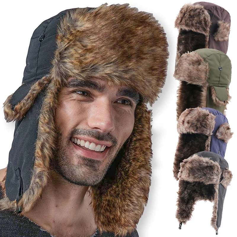 

Winter Warm Bomber Hats for Men Fashion Russian Style Ear Flaps Cap Outdoor Skiing Artificial Fur Hat Male Apparel Accessories