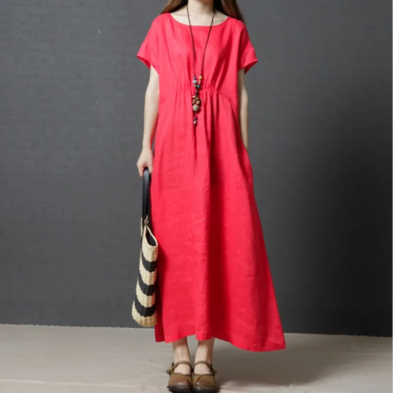 

Women cotton linen long dress fashion casual short sleeve loose O Neck slim vintage dress 2022 new summer vestidos