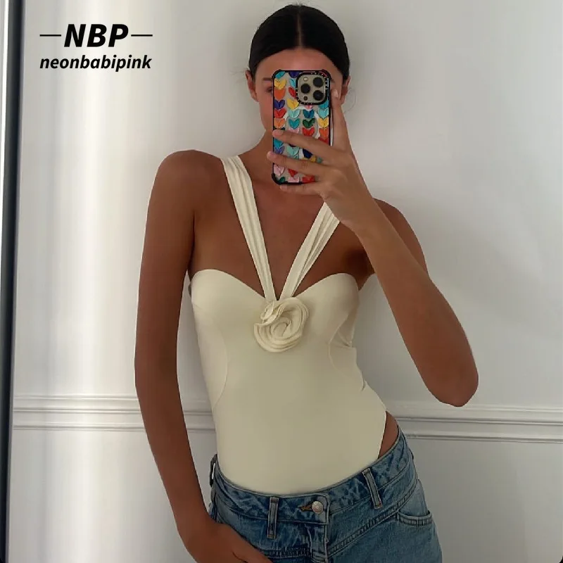 

NEONBABIPINK 3d Floral Applique Bodycon Bodysuit for Women Deep V Halter Backless Sexy Tops One Piece Swimsuit White N33-BG12