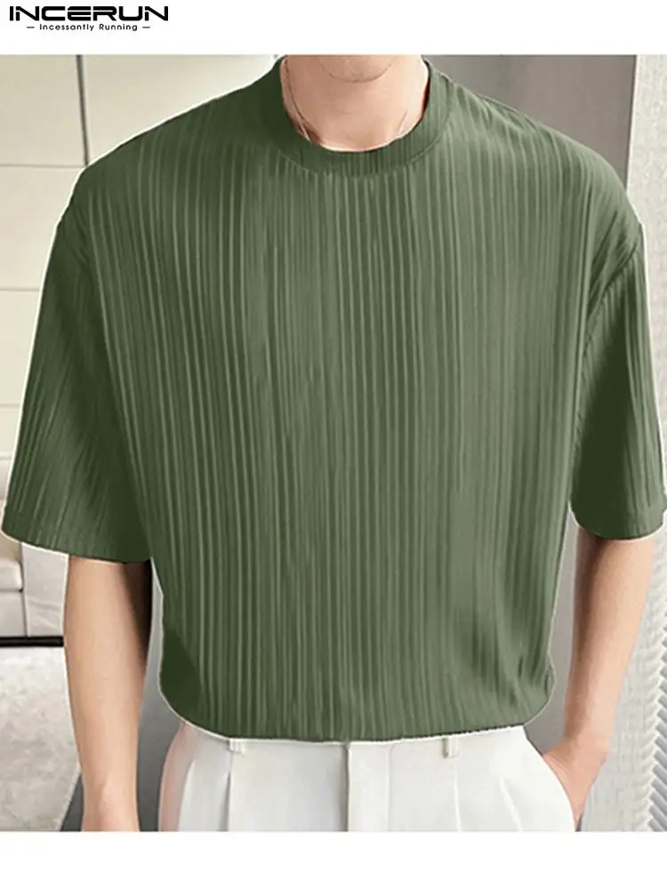 

INCERUN Solid Color Men T Shirt Round Neck Short Sleeve Streetwear 2022 Summer Casual Men Clothing Korean Leisure Tee Tops S-5XL