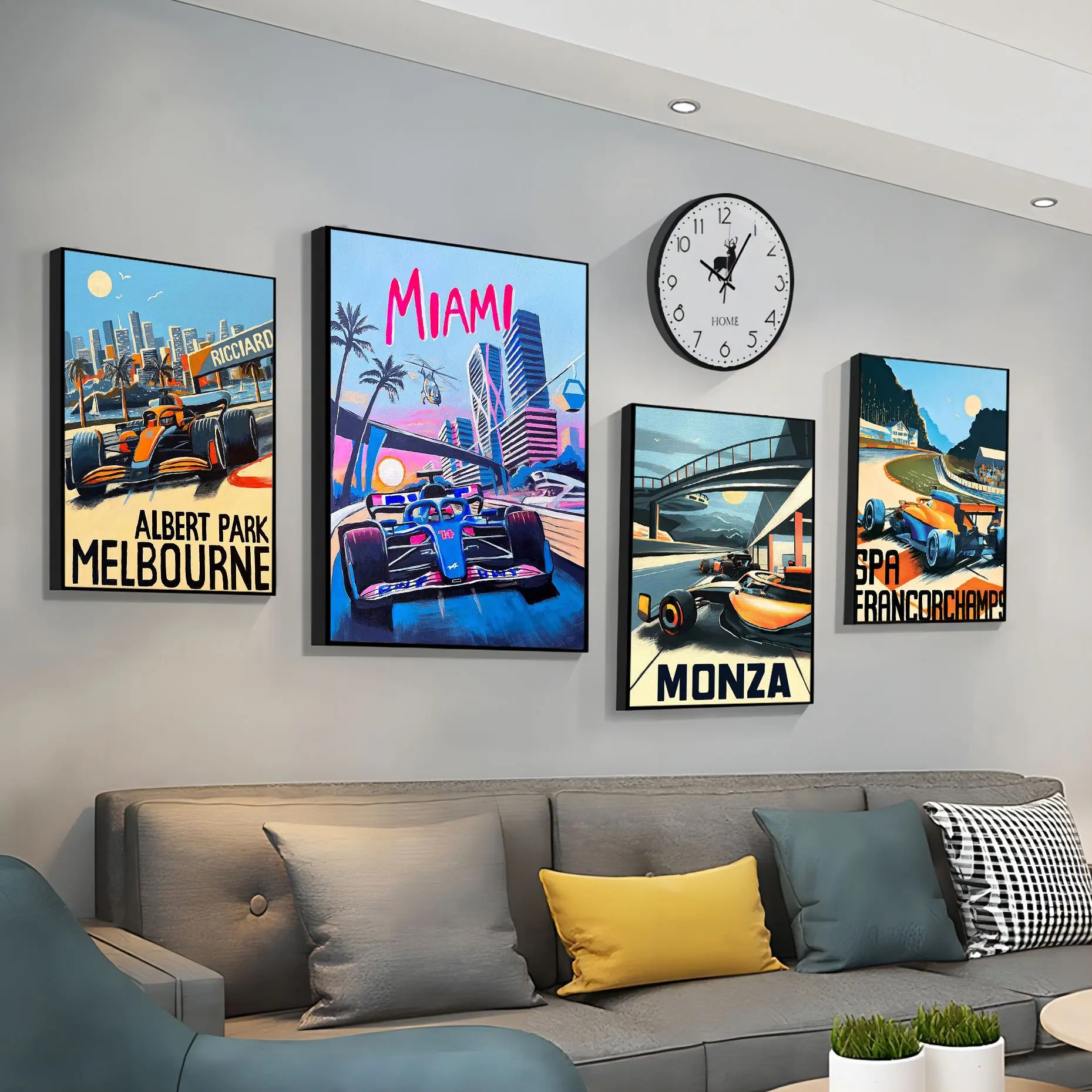 

F1 Neon City Watercolor Racing Car Vintage Posters Fancy Wall Sticker For Living Room Bar Decoration Decor Art Wall Stickers