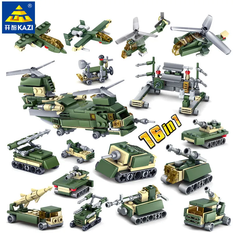

16Pcs/lot Military War Vehicle Field Forces Heavy Weapon Type Soldier Building Blocks ARMY Tank Helicopter Educational Kids Toys