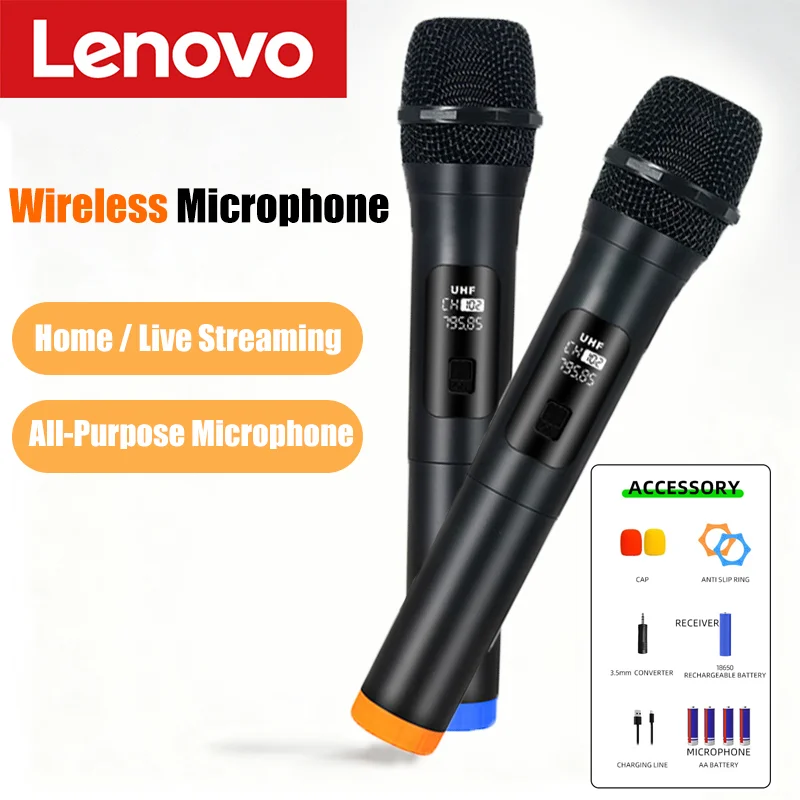 Фото Беспроводной микрофон Lenovo 2,4G UHF с фиксированной частотой, 2-канальный ручной микрофон для живой вечеринки, караоке, профессиональных встреч №1