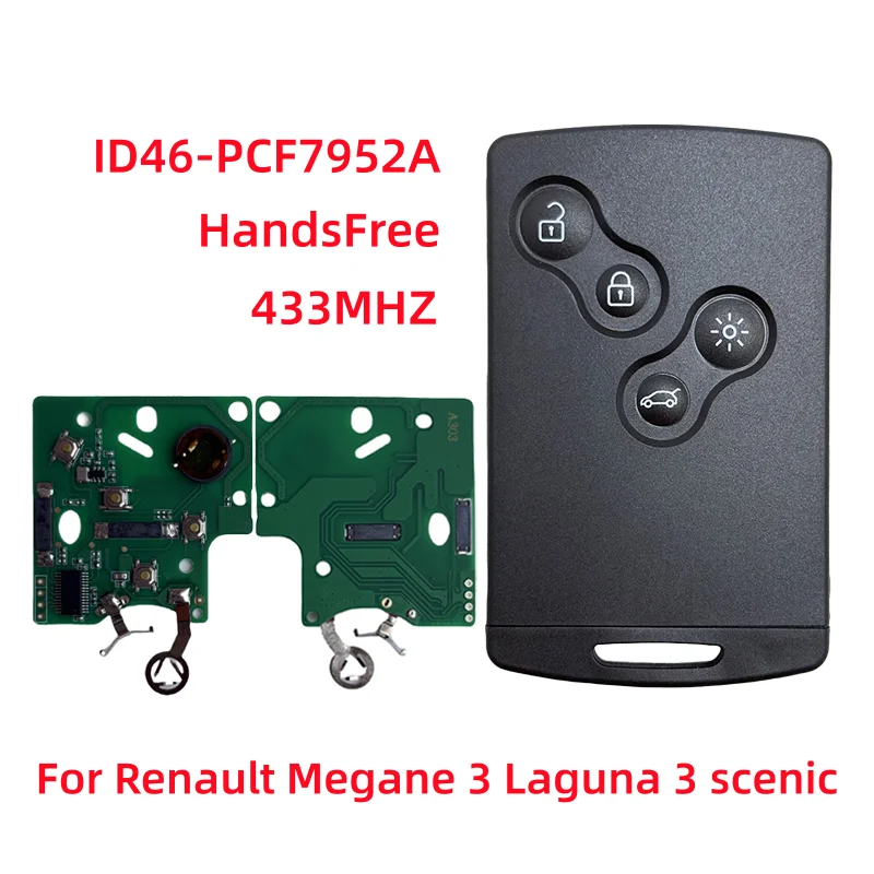 

Бесключевой чип 433 МГц ID46-PCF7952A для Renault Megane 3 Laguna 3 Scenic Fluence Laguna iii Smart Remote Car Key Card 4 кнопки