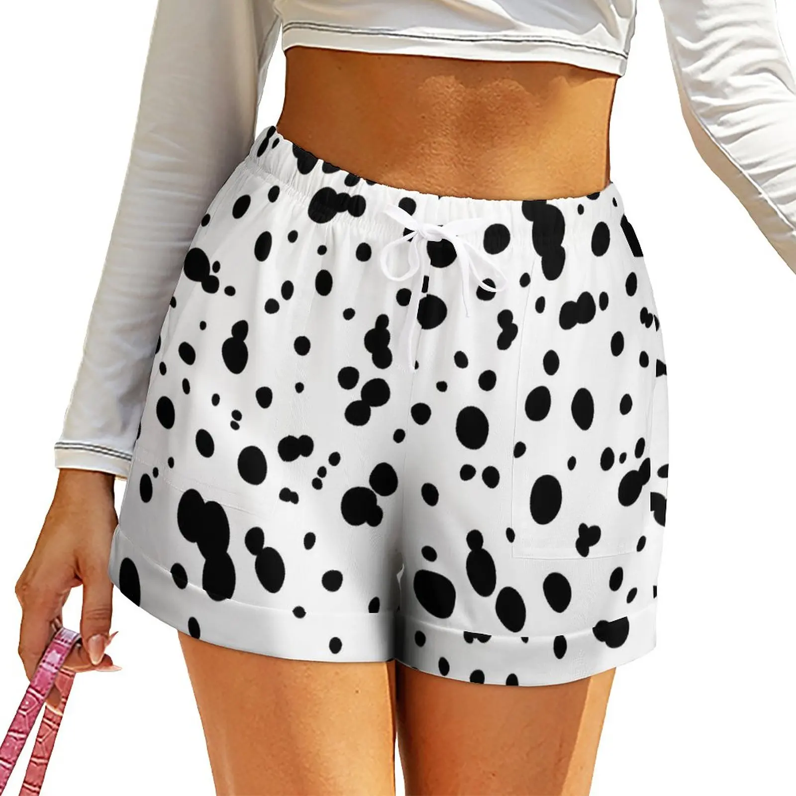 

Dalmatian Spots Print Shorts High Waist Animal Dots Print Shorts With Pockets Boho Oversize Short Pants Korean Fashion Bottoms