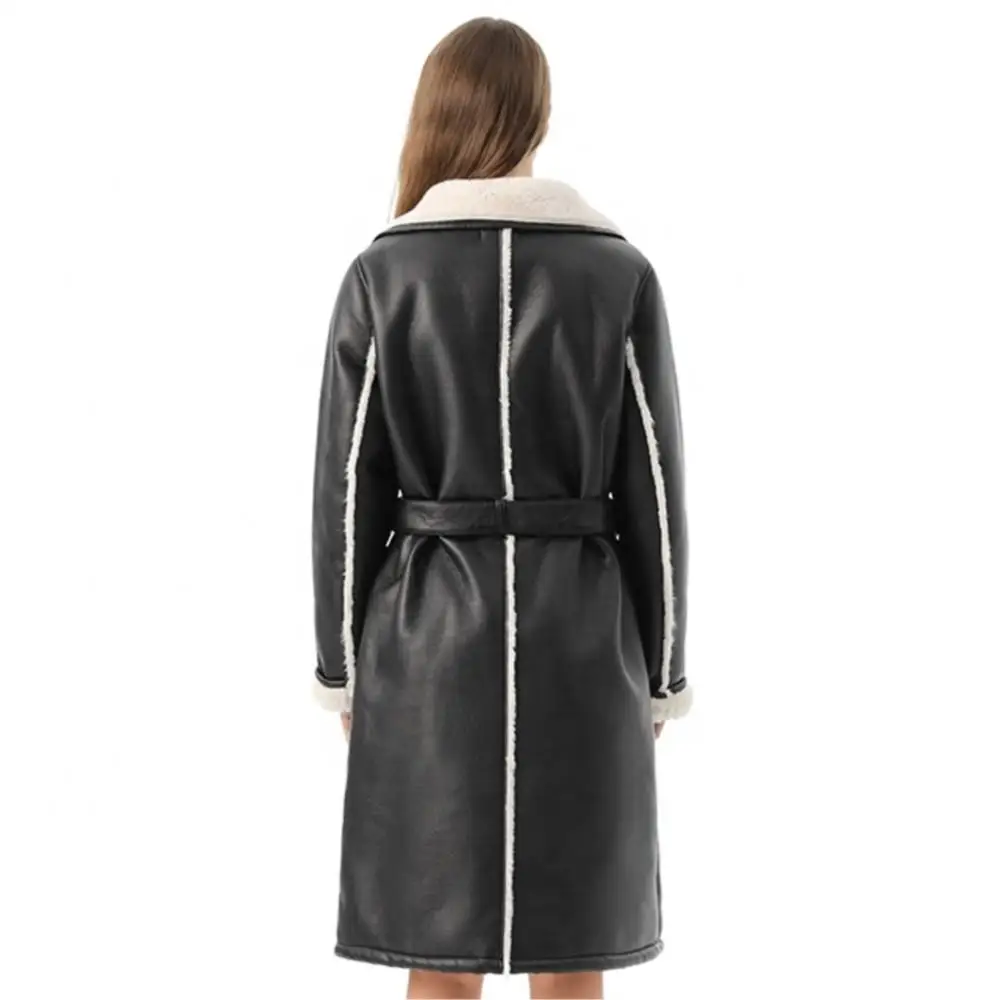 Women Winter Real Suede Slim Long Cardigan Coat Warm double-breasted v-neck With Belt Windbreaker Lining Real Lambs Jacket