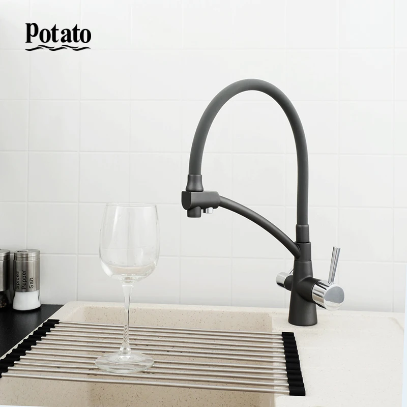 

Potato Kitchen Faucet Pull Out Modern Black Tap Cold And Hot Water 2 Handles 2 Holes For Kitchen Tap p4077-19