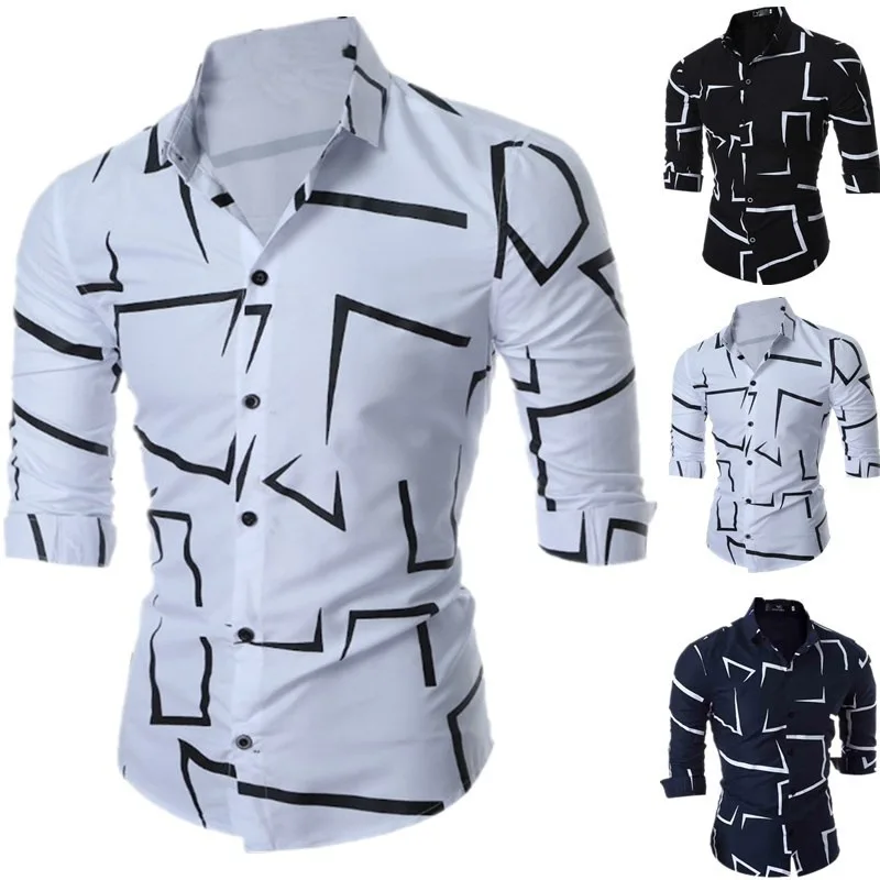 

2022 New Printing Men‘s Business Shirt Fashion Four Seasons Lapel Buttoned Long-sleeved Футболка Оверсайз