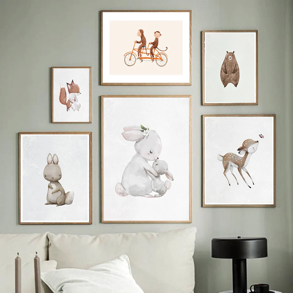 

Настенная картина для детской комнаты с изображением оленя, кролика, лисы, белки, медведя, животных, постеры и принты на холсте в скандинавск...